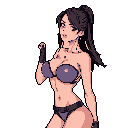 This pixel art portrait features a confident woman with a knowing smirk, styled in muted purple undergarments and dark accessories. Her direct gaze and suggestive pose convey a vibe of edgy allure.