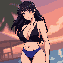 A pixel art woman in a swimsuit gazes softly at the viewer, evoking a sense of tropical leisure. The warm, sunset-toned background with palm leaves and hinted-at water creates a peaceful, idyllic atmosphere.