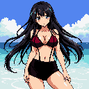 A smiling pixel art woman stands in shallow water on a sunny beach, her dark hair flowing freely in the breeze, creating a nostalgic and cheerful summer scene.