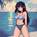 This pixel art features a young woman in a swimsuit, her shy smile and gentle expression creating a peaceful atmosphere. Set against a serene beach backdrop of calm waters and a muted sunset, the artwork evokes a sense of quiet introspection.