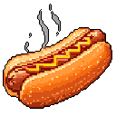 A mouthwatering pixel art hot dog, complete with sesame seeds and zig-zagging mustard, takes center stage against a stark black background. The warm, vibrant colors and pixelated texture create a comforting and tempting image of this classic treat.