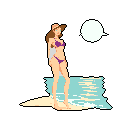 This pixel art depicts a woman in a purple bikini enjoying a sunny day at the beach, complete with a straw hat and sunglasses. The simple scene captures a moment of relaxation by the ocean.