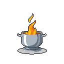 A pixel art pot with a blazing fire inside dominates the scene, its metallic grays starkly contrasting against the vibrant flames. The simple color scheme and dark background create an enigmatic and intense focus on the burning vessel.