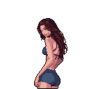 A pixel art woman in a dark blue bikini glances back over her shoulder with a subtle, confident expression. The retro-style art highlights her figure against a stark black background, creating a suggestive and alluring image.