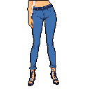 This pixel art showcases a stylishly dressed woman from the waist down, sporting cuffed blue jeans and heeled sandals against a dark background. Her confident stance and focus on fashion create a retro-inspired vibe.