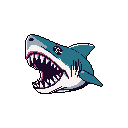 This pixel art image captures a ferocious shark head in mid-roar, its sharp teeth and teal coloration creating a striking, retro-inspired design. The aggressive pose and minimalist style evoke a sense of primal fear and classic arcade games.