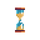 A pixelated hourglass, rendered in muted tones, marks the relentless passage of time as sand flows from its nearly full upper chamber to the growing pile below. The reddish-brown frame and light blue glass contribute to a reflective and melancholic mood.