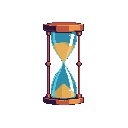 A meticulously crafted pixel art hourglass, filled with tan sand, captures the stillness and passage of time. The warm-toned frame holds light blue glass bulbs, creating a nostalgic and contemplative mood.