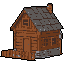 A pixel art rendering showcases a solitary, weathered wooden cabin with a steeply pitched roof, evoking a sense of quiet solitude and rustic charm against a stark black background. The aged structure, detailed with stone foundation and simple windows, hints at a remote and perhaps melancholic existence.