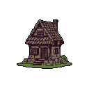 A quaint, pixel-art cottage with timber framing and a shingled roof stands alone, exuding rustic charm and a sense of quiet solitude. The humble dwelling, rendered in earthy tones, invites the viewer into its nostalgic, folk-inspired scene.