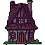 This pixel art depicts a charming, two-story timber-framed cottage with a thatched roof and brick chimney. The rustic dwelling, rendered in muted, earthy tones, evokes a sense of nostalgia and simple living.