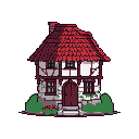 This pixel art showcases a charming, old-fashioned European house with stone and timber details, topped with a striking red-tiled roof. Green foliage accents the quaint, isolated dwelling against a stark backdrop, evoking a sense of nostalgia.
