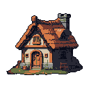 This pixel art showcases a charming, rustic cottage with a thatched roof and stone chimney, rendered in warm, earthy tones. The detailed, slightly isometric view emphasizes the cozy, lived-in feel of this solitary dwelling.
