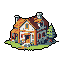 This pixel art shows a charming but weathered two-story cottage, rendered in muted earth tones against a solid black background. Details like crumbling brickwork and missing roof tiles hint at its age, while a small pine tree adds a touch of nature.