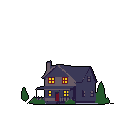 A pixel art house, illuminated by warm yellow light, stands against a stark black backdrop, its muted purple and gray tones creating a quiet, slightly ominous atmosphere. The red door hints at a welcoming entry amidst the surrounding greenery.