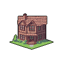 This charming pixel art depicts a cozy, two-story house with brick siding and a tiled roof, nestled on a small patch of green grass. The muted, earthy tones and isometric perspective evoke a feeling of peaceful domesticity.