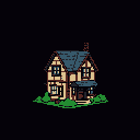 This pixel art showcases a charming two-story house with a brown roof and beige siding, rendered in a retro style. Green trees flank the house, adding a touch of color against the stark black background.