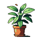 A pixelated potted plant, rendered in soothing greens and terracotta orange, stands serenely against a stark black background, embodying simple beauty and tranquility.