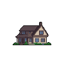 This pixel art depicts a detailed, two-story family home with muted, earthy tones against a stark black background. The elevated side view showcases the house's architectural style, evoking a sense of quiet stillness and nostalgia.