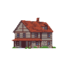 This pixel art showcases a detailed, two-story European house with earthy tones and meticulous brickwork. Its isolated presence against a black void evokes a sense of quietude and rustic charm.