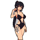This pixel art features a tattooed woman in a black swimsuit, her wistful expression hinting at a calm yet unconventional character. Her distinctive tattoos and relaxed pose create a striking and introspective image.