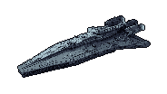 This pixel art image features a formidable, heavily armored starship rendered in cool blues and grays, silently cruising through the black void of space. The imposing vessel evokes a sense of cold power and isolation in the vast emptiness.