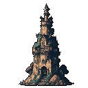 This pixel art showcases a tall, aged stone tower with intricate details and a hint of moss, evoking a sense of mystery and forgotten history. Its ornate design and pointed spire stand out against a stark background.