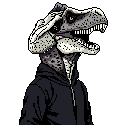 This pixel art portrait features a T-Rex rocking a hooded sweatshirt, mouth agape in a quirky blend of prehistoric ferocity and casual style. The monochromatic palette and tight framing emphasize the surreal coolness of this dressed-up dinosaur.