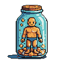 A muscular, bald figure is trapped inside a glass jar filled with yellow stars, creating a surreal and slightly unsettling scene. The pixelated artwork evokes a retro feel with its muted color palette and stark contrast between the figure and its confinement.