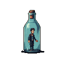 A pixel art image shows a man trapped inside a glass bottle, his posture suggesting resignation or a plea for help. The somber color palette and stark black background emphasize the feeling of confinement and isolation.