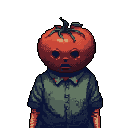 A pixelated humanoid figure with a bright red tomato for a head stands stiffly, its vacant expression creating an unsettling and slightly absurd image. Dressed in a muted greenish-grey shirt, the "Tomatohead" evokes a sense of strangeness against the stark black background.