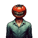 This pixel art portrait features a bizarre humanoid with a grotesque, toothy tomato for a head, creating an unsettling and ominous image. The figure's button-down shirt contrasts sharply with its monstrous visage, set against a stark black void.