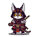 A determined samurai cat, rendered in charming pixel art, stands ready for battle, clad in detailed armor and wielding sheathed swords against a stark black background. The limited color palette and strong pose convey both strength and a touch of feline cuteness.