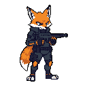 A pixel art fox stands ready, gripping a large firearm with a stern expression. The orange-furred character, clad in tactical gear, projects a serious and action-oriented vibe.