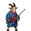 A pixel art image showcases a formidable goat warrior in samurai attire, katana in hand, ready for action. The unexpected combination of animal and warrior creates a unique and striking character.