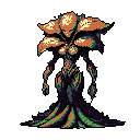 A stylized, plant-like humanoid figure dominates the image, its head crowned with petals and its lower body resembling tree roots. The pixel art creature exudes an aura of mystery and ancient power with its static pose and organic design. The earthy color palette and dark background further enhance its enigmatic presence.