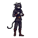 This pixel art features a hooded, anthropomorphic feline character with a mischievous glint, posed with cautious readiness. The muted, earthy tones and slightly hunched posture evoke a sense of mystery and roguishness.