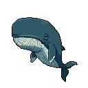 A serene pixel art image captures the quiet majesty of a whale, its large form rendered in shades of blue-grey against a stark black backdrop, evoking a sense of wonder and the vastness of the ocean. The minimalist style creates a peaceful and contemplative atmosphere.