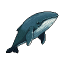 A majestic pixel art blue whale glides through the dark ocean depths, its serene posture conveying a sense of powerful tranquility. The subtle use of blues and teals beautifully captures the creature's form and the vastness of its environment.