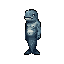 This pixel art depicts a strange, solitary fish-human hybrid standing upright. The creature, with its dolphin-like head and tail, has a muted color palette that enhances its enigmatic and slightly uncanny vibe against a stark black background.