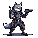 A tactical, pixel-art wolf warrior stands ready for action! Clad in military gear and gripping a pistol, this intense anthropomorphic canine is focused and prepared for a dangerous mission.