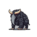 A menacing, shaggy beast with bird-like beak and curved horns stands out against a dark background in this striking pixel art. The creature's piercing red eyes add to its intimidating presence, creating an ominous and powerful image.