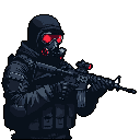A pixel art figure in tactical gear and a gas mask intensely aims a rifle, the red lenses of the mask creating a piercing gaze. The dark, monochromatic design emphasizes the figure's readiness for combat and hints at potential danger.