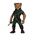 A pixel art cheetah warrior stands ready, clad in practical green and brown attire, holding a small, pointed object. The character's focused gaze and grounded color scheme hint at a life of travel and stealth.
