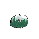 A lone, silhouetted figure cycles through a dense pixel art forest beneath a foggy sky, evoking a sense of solitude and quiet exploration. The minimalist design and muted color palette create a tranquil, almost melancholic mood.