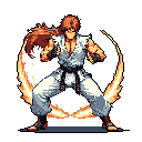 A pixel art martial artist, poised for combat with a serious expression, is framed by a fiery arc. The image captures a sense of power and intensity, reminiscent of classic fighting games.