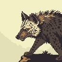 This pixel art image captures a spotted hyena on a rocky outcrop, its alert posture and bristling fur conveying a sense of quiet intensity in a natural, earthy palette. The stylized yet realistic rendering emphasizes the hyena's powerful presence in its wild habitat.