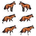 This pixel art showcases six different animation frames of a maned wolf, highlighting its distinctive reddish-brown fur and long black legs. The sprites capture subtle movements and poses, suggesting a walk cycle or idle animation of the South American canine. Against a stark black background, each frame emphasizes the unique characteristics of the maned wolf in a clean, retro style.