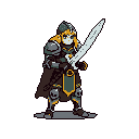 A pixel art warrior stands ready, clad in dark armor with golden accents, gripping a large two-handed sword against a stark black background. The figure exudes strength and determination, embodying a classic yet polished feel.