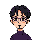 This pixel art portrait captures a man with a sad expression, framed by his dark purple turtleneck sweater and glasses. His downcast eyes and furrowed brow convey a sense of quiet introspection.